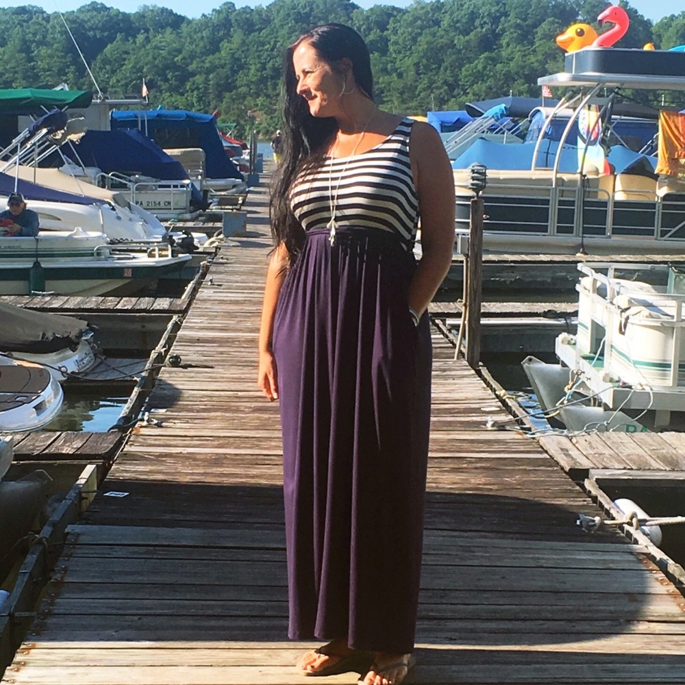 Sleeveless Navy Stripe Side-Tie Tank Maxi Dresses